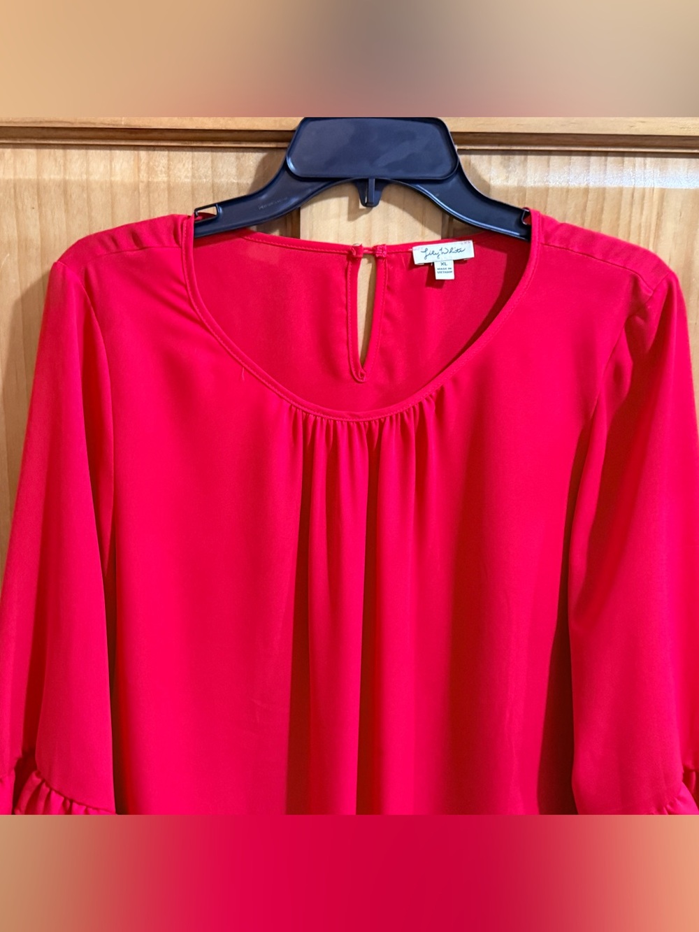 Lily White Tomato Red Tie-Front Ruffle Sleeve Blouse-XL-EC - Picture 4 of 12